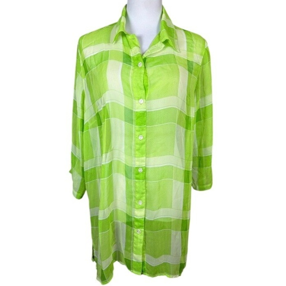 Roaman's Womens Lime Green Plaid Button Front Tunic Shirt 3/4 Sleeve Medium